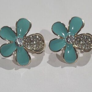 Vintage Teal Daisy/Blossom  Clip on earrings Rhinestones